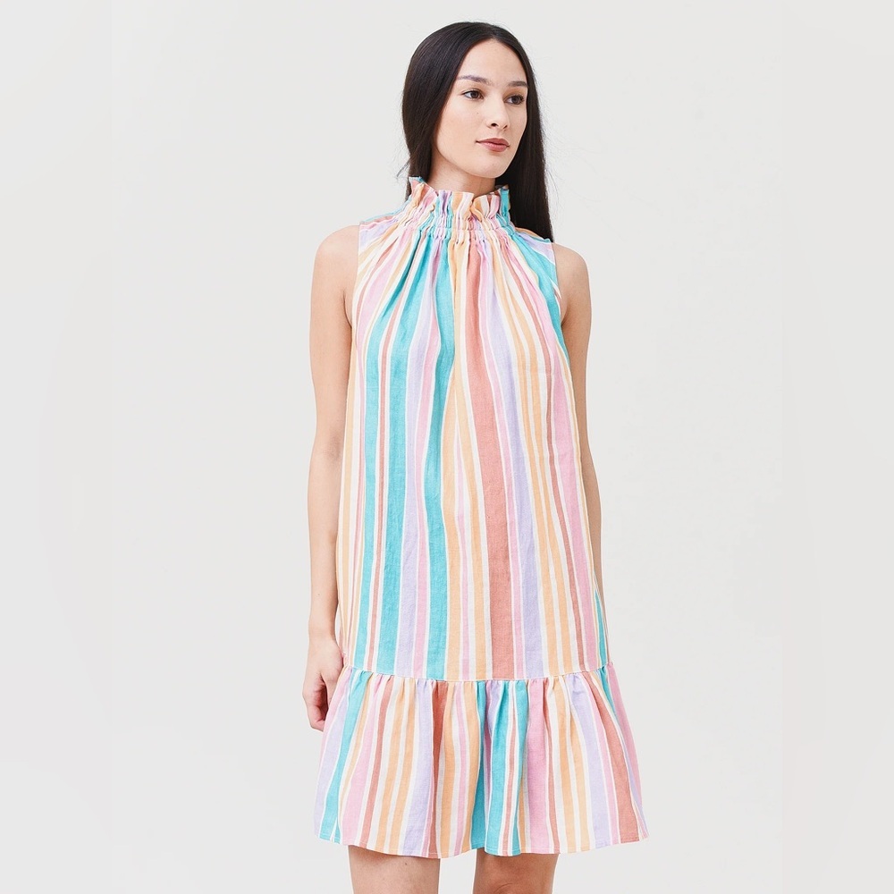 Ephemera Garland Mini Dress Women's Sunset Stripe 100% Linen Ruffle Dress